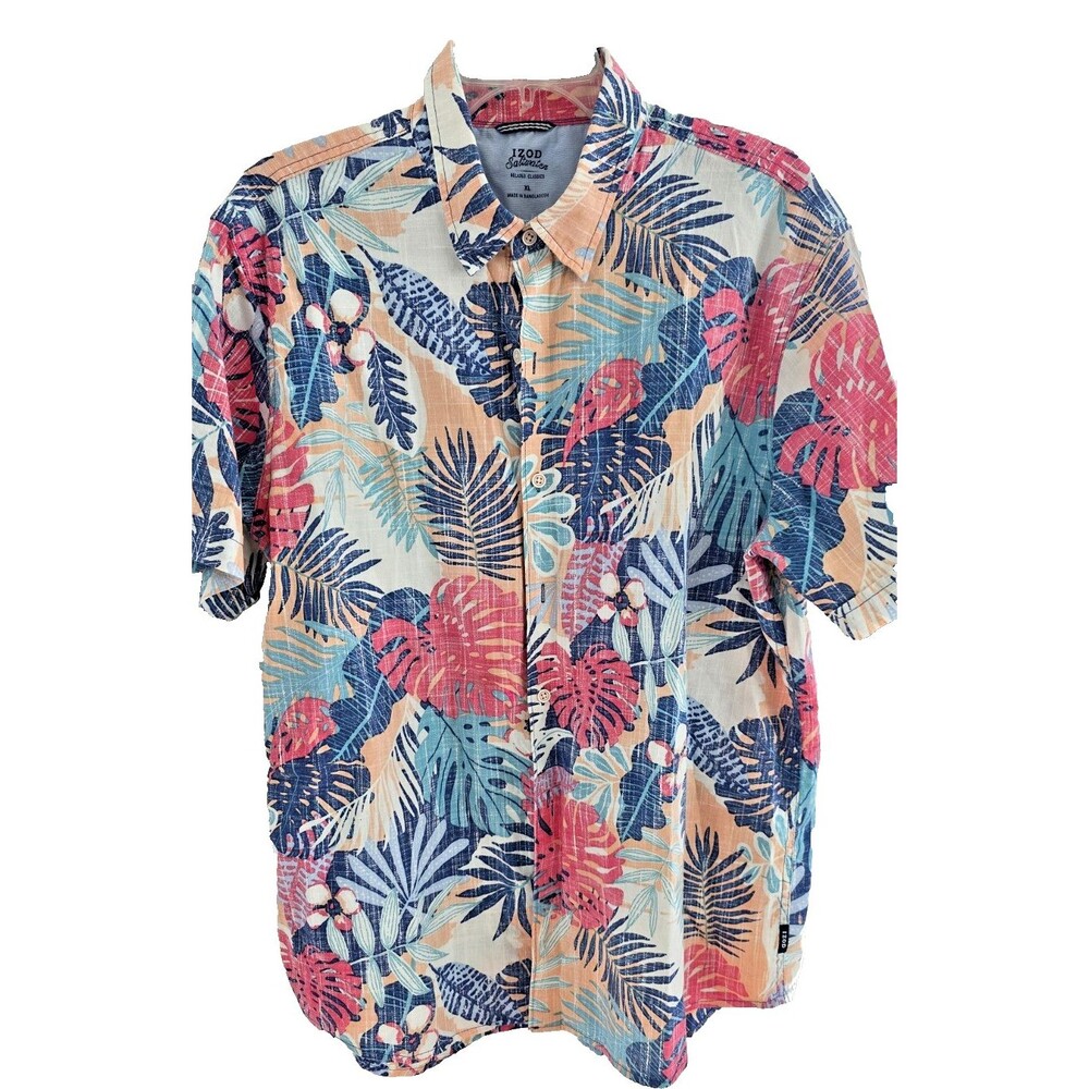 Izod Saltwater Mens Multicolor Floral Cotton Button Front S/S Hawaiian Shirt XL